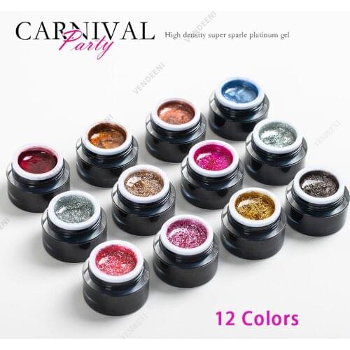 Vendeeni Japanese 12 Colors Glitter Gel Nail Polish Shiny Nail Art Platinum Metal Effect Soak Off UV Gel for Nail Art Design