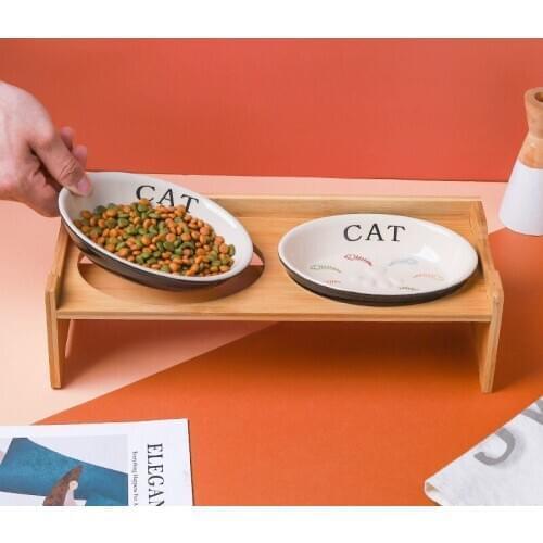 Ceramic Cat Bowl Single Double Bowl Wood Frame Oblique Cat Food Bowl Water Bowl Protection Cervical Spine High Foot Dog Feeder
