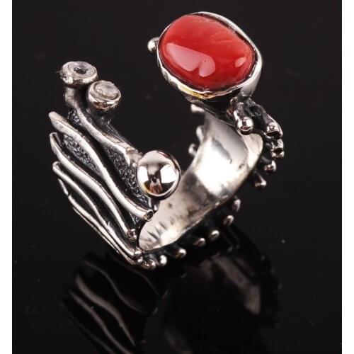UM US JEWELRY Coral Gemstone 925 Sterling Silver Women 'S Ring