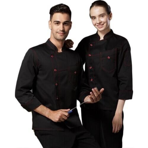 Unisex 3/4 Sleeve Faux Denim Chef Jacket Single Breasted Bakery Restaurant Coat 649C
