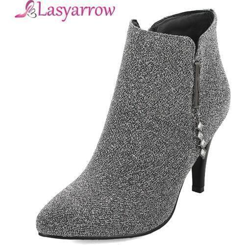 Lasyarrow Zipper Botas Femininas High Heels Bling Bling Stretch Ankle Boots For Women Rhinestone Shoes Woman Lady Sapatos Mujer