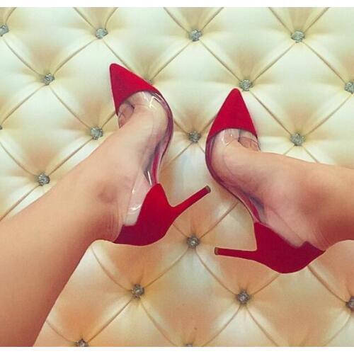 Carpaton Hot Selling PVC Patchwork High Heel Shoes 2019 Mixed Colors Woman Pumps Sexy Pointed Toe Thin Heels Dress Shoe Red