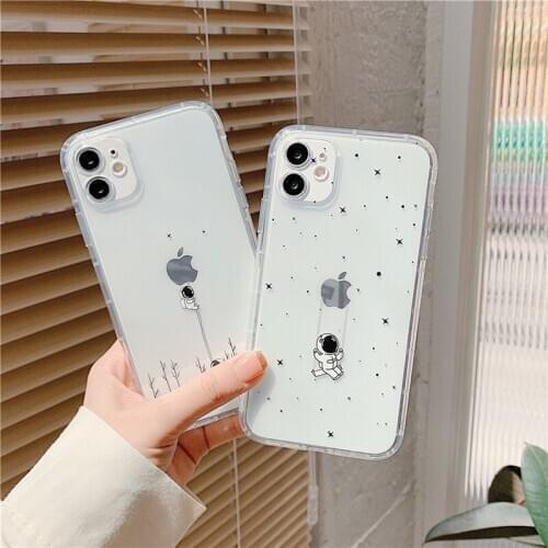 Cute Transparent Cartoon Astronauts Phone Case For iPhone 11 12 Pro Max X XR XS Max 7 8 Plus SE2020 Shockproof Soft TPU Cover