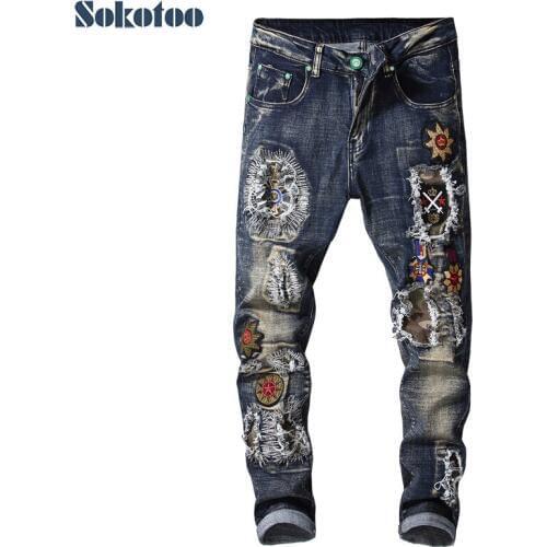 Sokotoo Mens fashion badge patches embroidery ripped jeans Holes patchwork blue stretch denim pants