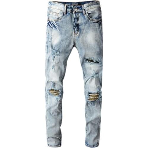 New Mens Male High Street Tide Light Color Ripped Trousers Camouflage Patch Jeans Men Stretch Slim Slimming Denim Pants 674
