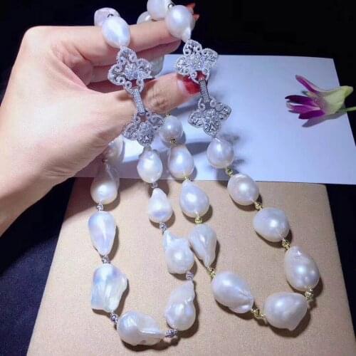 Free shipping big white baroqu Pearl CZ Necklace Pendant 925 silver micro inlay zircon clasp accessory jewelry