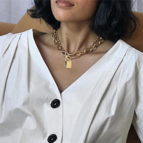 Punk Choker Lock Necklace Layered Chain On The Neck With Lock Punk Jewelry Mujer Key Padlock Pendant Necklace For Women Gift