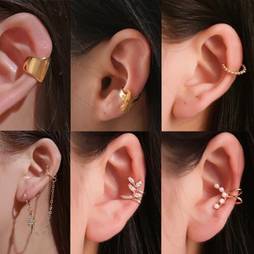 Vintage Simple U Shape Bird Ear Cuff Non Pierced Clip Earrings for Women Trendy Punk Small Carved Leaf Crystal Circle Earrings