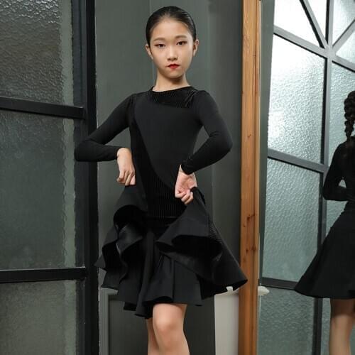 Modern Dance Competition Dress Girls Latin Dance Long Sleeve Practice Clothing Rumba Tango Samba Cha Cha Dance Costumes VO1505