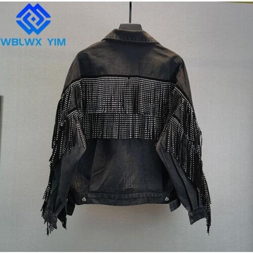Streetwear Jeans Jacket Women Diamond FashionTassel Spliced Denim Jacket Pocket Long Sleeve Loose Jeans Coat Harajuku Jackets