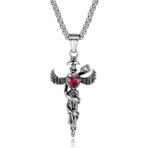 Stainless Steel Vintage Punk Rock Snake Red Stone Cross Wing Pendant Necklace Jewelry Gift For Him with Chain