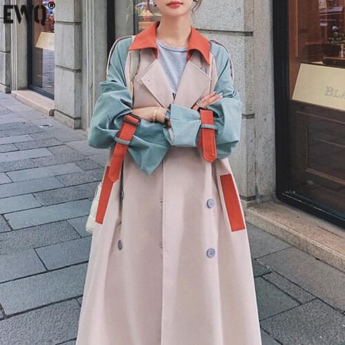 [EWQ] 2021 Spring New Long Sleeve Ladies Windbreaker Stitching Contrast Color Lapel Fashion Double Breasted Overcoat Women 16Q19
