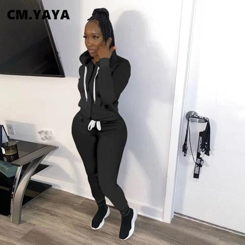 CM.YAYA Women Tracksuit Full Sleeve Draw String Hooded Collar Zipper Tops Skinny Pencil Pants Two 2 Piece Set Casual Outfit Fall