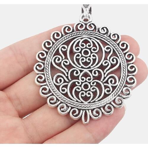 6PCS Antique Hollow Filigree Round Flower Charm Pendant for Necklace Jewelry Making Finding 65x56mm