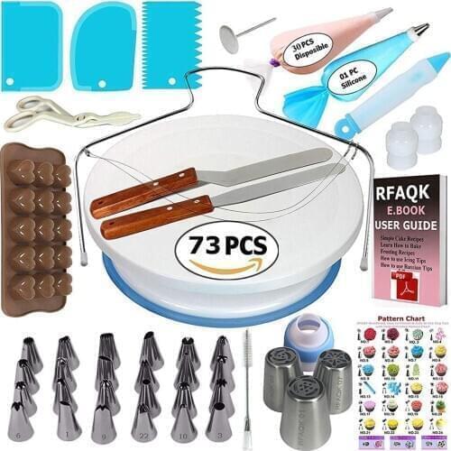 73Pcs Cake Decorating Supplies Kit for Beginners Turntable Stand Icing tips Straight Spatula Russian Piping Nozzles Baking Tools