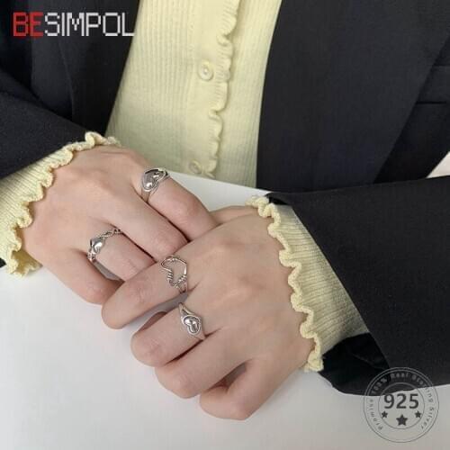 Besimpol Real s925 Sterling Silver Love Heart Ring Minimalist Adjustable Open Rings For Women Fashion Birthday Fine Jewelry Gift