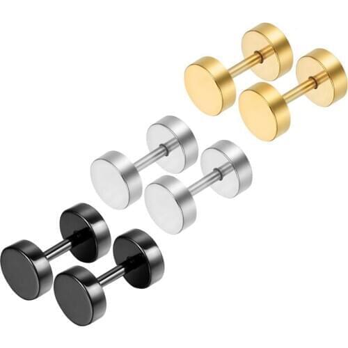 BONISKISS Punk Gothic Stainless Steel Studs Earrings For Men Woman Black/Silver Color Barbell Stud Earrings Ear Plugs Tunnel