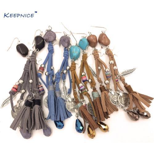 Long Fringe Leather Tassel Dangle Earrings Bohemia Boho Black Bead Earrings Stone Beaded Pendant Chandelier Earrings