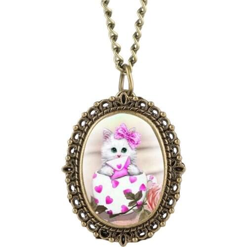 Pink Kitty Patch Pocket Watch for Girl Quartz Pocket Watch Analog Pendant Lovely Clock Gift for Pocket Watch With Necklace