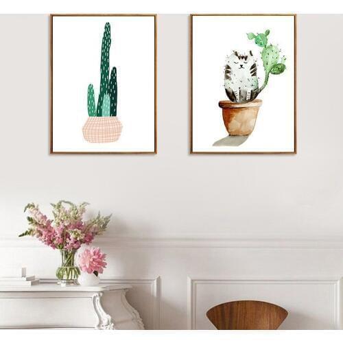 Nordic Style Fresh Plant Cactus Poster Cat Flower Pot Canvas Painting Home Decor Living Room Bedroom Oil Painting Wall Pictures