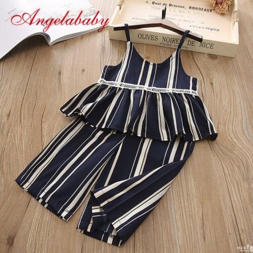Girls Strap Vest Tops+Pant 2Pcs Clothing Sets Summer Childrens Fashion Clothes Toddler Baby Kid Girl Stripe Splicing Outfits