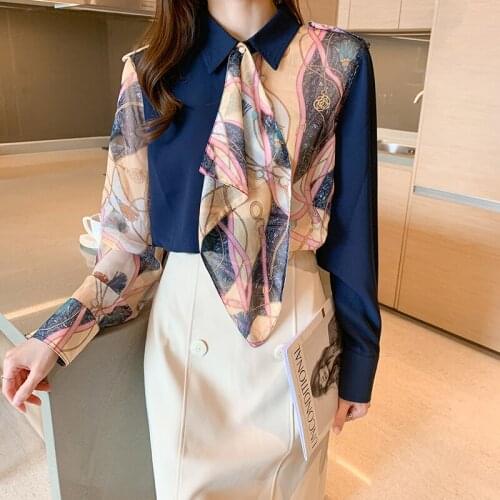 Menahem 2021 Fashion Chain Printing Ladies Shirt Epaulet Tops Long Sleeve Chiffon Shirt Blouse Stitching Printed Silk Scarf