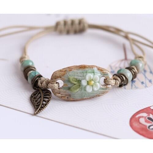 Fashion Women Ethnic Hand-Woven Ceramic Beaded Bracelet Girls Chinese Style Pendant Bracelets Bangle Jewelry