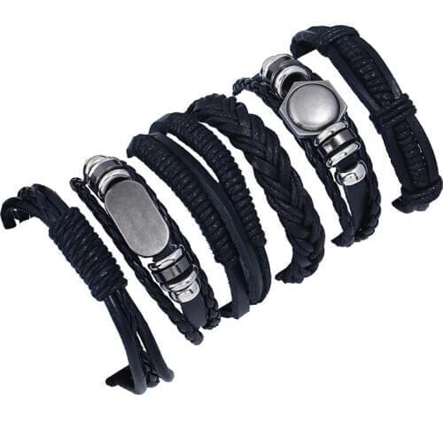 New Arrival Fashion 6 Pcs/set Wrap Nut Oval Alloy Charm Brown Leather Bracelets Men Women Homme Femme Male Gift Jewelry