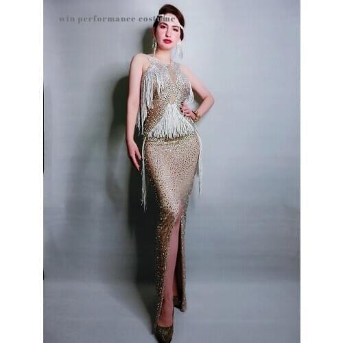 Rhinstone evening dress for women nightclub costume tassel ankle length party stage luxry wear ladies host halter