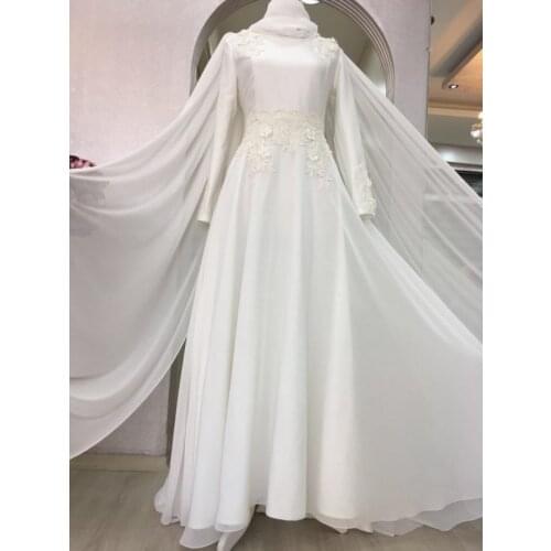 Chiffon Appliques Long Sleeve Muslim Wedding Dress with Cape High Neck A Line Saudi Arabia Bridal Gowns Vestido De Novia