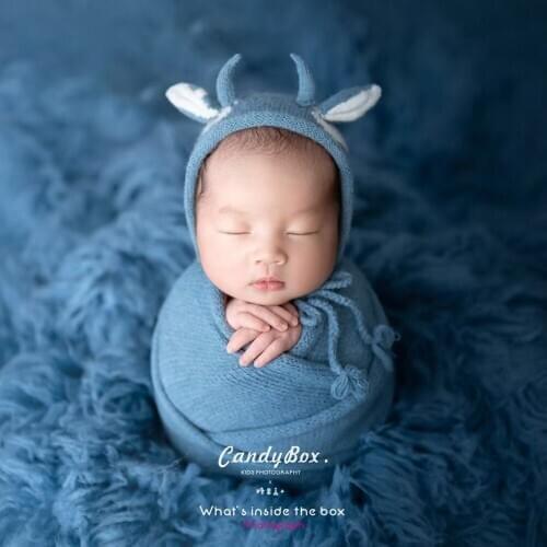 Knitting Newborn Swaddle Wrap Cow Hat Set for Photography Props Stretch Baby Wrap for Studio Photo Animal Accessories