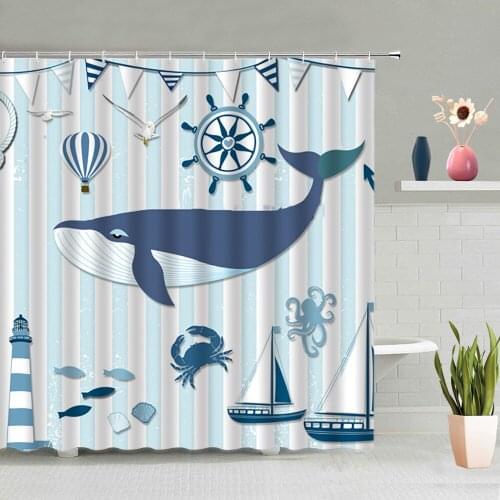 Nautical Dolphin Shower Curtain Lighthouse Bird Sailing Boat Bathroom Decoration Bathing Curtains With Hooks Washable Home Decor