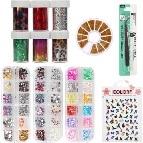 Nail art Rhinestone butterfly Decoration Set 15 nail brushes set/Nail gold thread With Curved Black Tweezer For Nail Art Tools