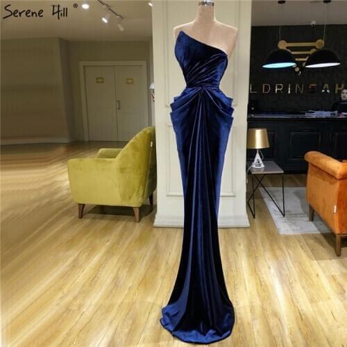 Navy Blue Oblique Collar Simple Prom Dresses 2020 Off Shoulder Sexy Mermaid Velour Party Gowns Serene Hill LA70303
