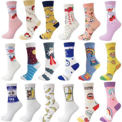 VPM New Cotton Womens Socks Harajuku Colorful Kawaii Novelty Cute Cartoon Funny Strawberry Unicorn Skull e girl Sock Gifts