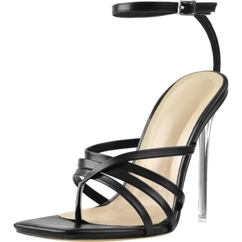 Richealnana Elegant Womens Clear Thin High Heels Square Toe Sandals Ankle Buckle Matte Black Narrow Band Flip Flops Large Size