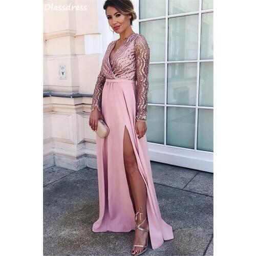 2020 Satin Prom Dress A-line Floor Length Long Sleeves Sequin Split V-neck Elegant Mother Evening Dress платья знаменитостей