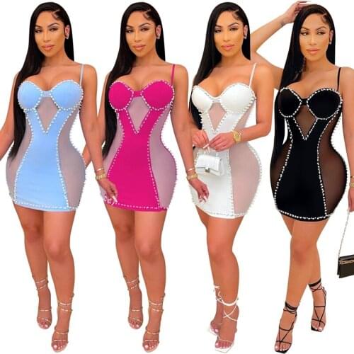 ZKYZWX Sexy Beading Mesh Sheer Splicing Night Club Party Dress Birthday Outfits for Women Summer Clothes Bodycon Mini Dresses