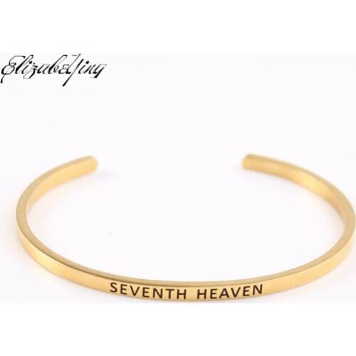 Gold Stainless Steel Positive Inspirational Bracelet Engraved Quote SEVENTH HEAVEN Mantra Bracelet & Cuff Bangle For Women