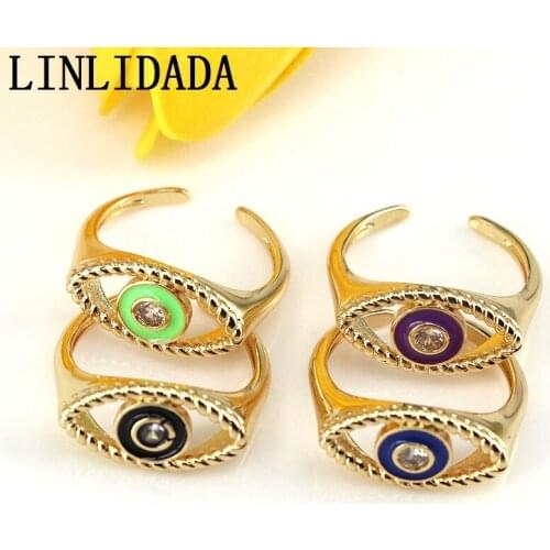 10Pcs Fashion New Micro pave CZ Big Eye Ring, Enamel Evil Eye Ring, Gold Open Ring, Adjustable Ring Charm, Eye Ring