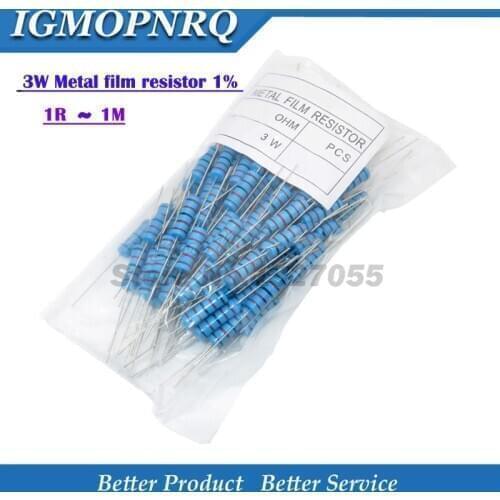 100pcs 3W Metal film resistor 1% 1R ~ 1M 1R 10R 22R 47R 100R 330 ohm 1K 4.7K 10K 22K 47K 100K 330K 470K 2R 10R 22R 47R 100R 330R