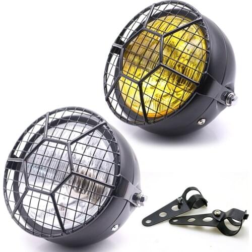 12V Motorcycle Headlight Head Lamp Light Grill Cover Retro Vintage Bracket Mask Mount Cafe Racer Bobber Scooter Motorbike