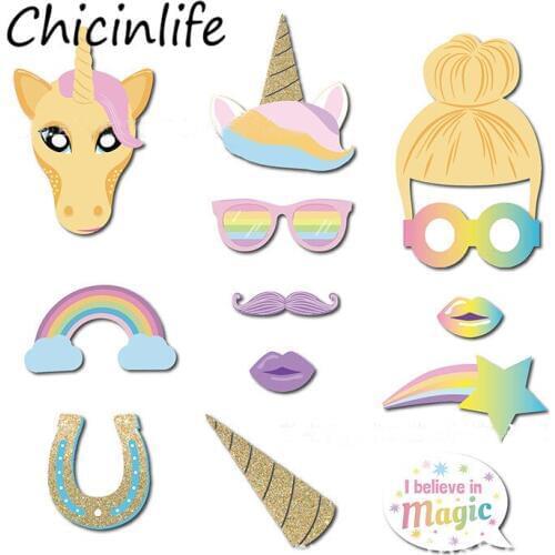 Chicinlife 13Pcs Rainbow Unicorn Funny Photo Props Baby Shower Birthday Party Wedding Decor Photo Prop Party Gift Supplies
