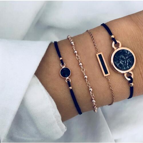 4 Pcs/ Set Bohemian Round Black Crystal Geometric Beads Bracelets For Women Chain Leather Gold Bracelet Set Personality Jewelry