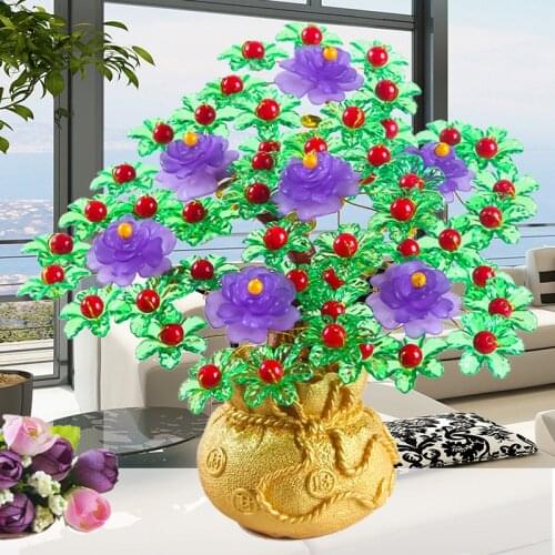 Acrylic Glass Beaded Money Tree Bonsai Figurines Feng Shui Living Room Or Bedroom Decorations Birthday Gift Crafts DIY Handmade