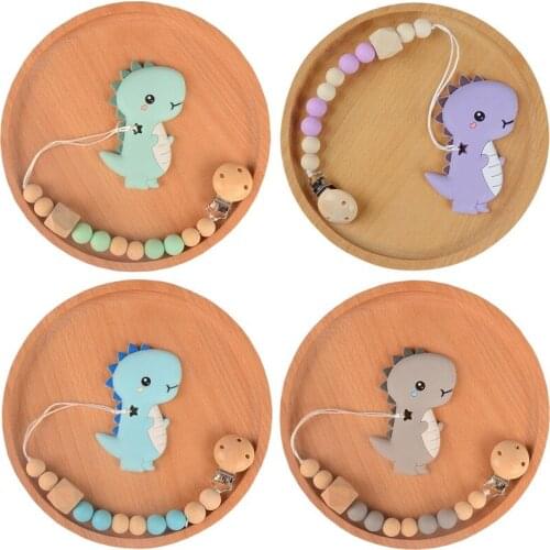 Baby Pacifier Clip Chain with Dinosaur Teether Toys Infant Wooden Beads Dummy Clip Soother Chew Leash Nipple Holder Teether