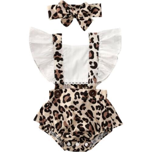 2Pcs Newborn Baby Girl Leopard Jumpsuit Headband Clothes Ruffles Short Sleeve Patchwork Backless Bodysuits 0-24M