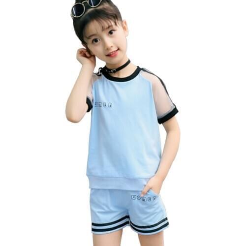 2Pcs Kids Girls Set Summer Letters Print Sport Suit Round Neck Short Sleeve Activewear Running Sports Top +Shorts for Children