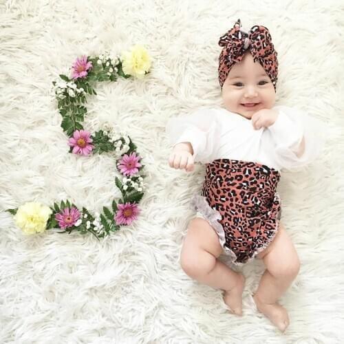 Baby Girls 3-piece Outfit Set Newborn Mesh Bubble Sleeve Romper + Print Shorts + Headband Set