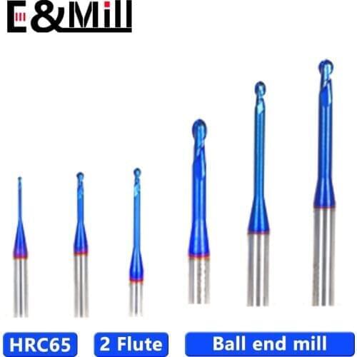 HRC65 Ball Nose Deep groove End Mills 2 Flute ball milling cutter 1mm 1.5mm 2mm 3mm cnc milling machine tool nanometer coating